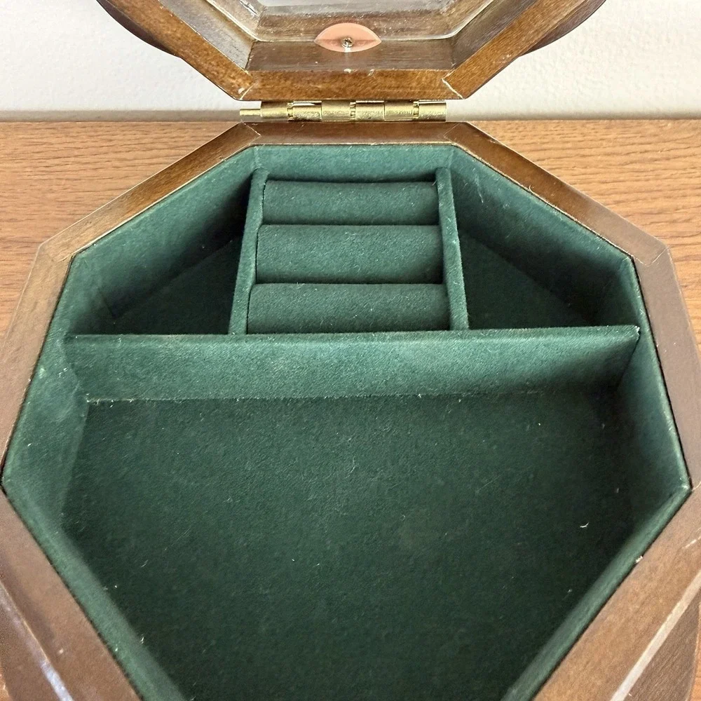 Vintage Wooden Jewelry Box Etched Glass Rose Octagon Vanity Cottage